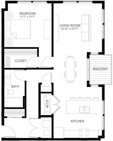 Floor plan for 1 bed, 1 bath, 874 sqft