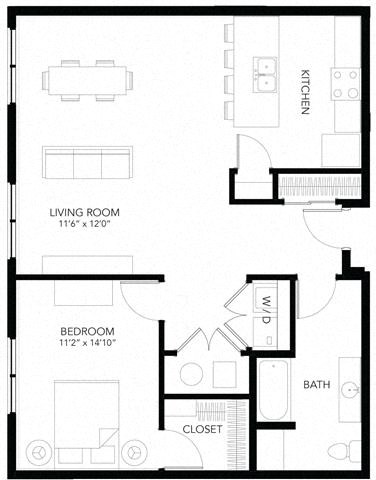 Floor plan for 1 bed, 1 bath, 939 sqft