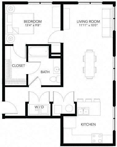 Floor plan for 1 bed, 1 bath, 774 sqft