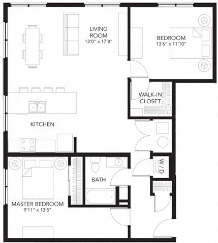 Floor plan for 2 beds, 1 bath, 1107 sqft