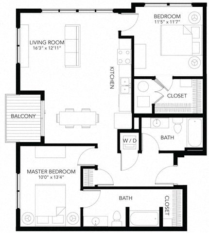 Floor plan for 2 beds, 2 baths, 995 sqft