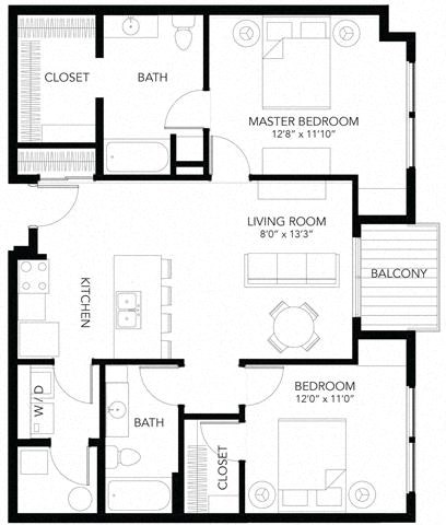 Floor plan for 2 beds, 2 baths, 1012 sqft