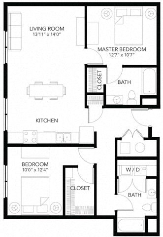 Floor plan for 2 beds, 2 baths, 1020 sqft