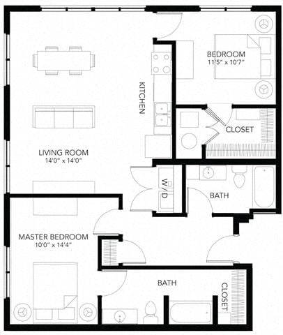 Floor plan for 2 beds, 2 baths, 1020 sqft