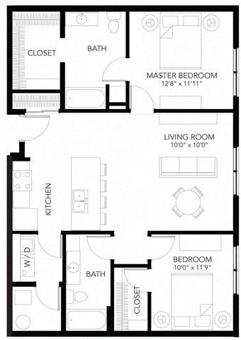 Floor plan for 2 beds, 2 baths, 1034 sqft
