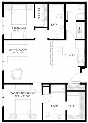 Floor plan for 2 beds, 2 baths, 1034 sqft