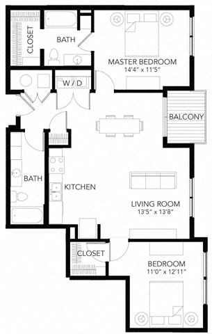 Floor plan for 2 beds, 2 baths, 1045 sqft