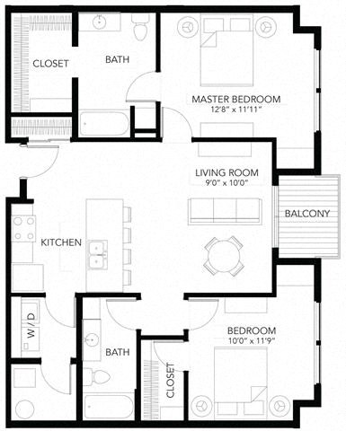 Floor plan for 2 beds, 2 baths, 1068 sqft