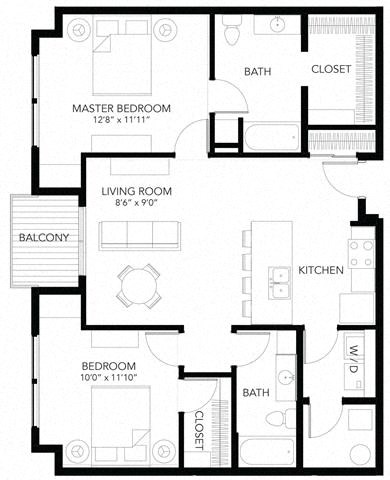 Floor plan for 2 beds, 2 baths, 1068 sqft