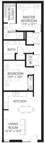 Floor plan for 2 beds, 2 baths, 1007 sqft