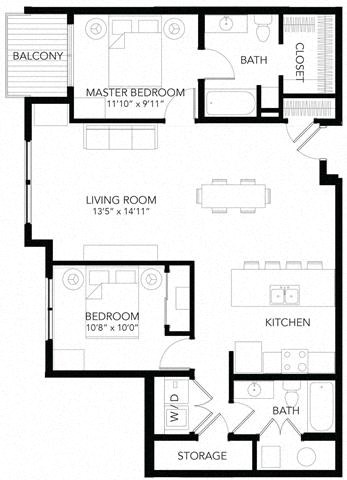 Floor plan for 2 beds, 2 baths, 1077 sqft