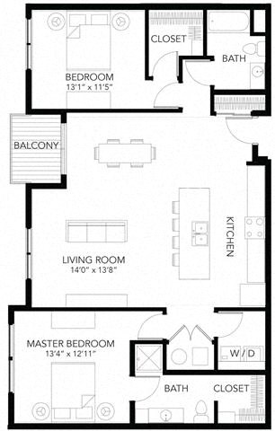 Floor plan for 2 beds, 2 baths, 1253 sqft