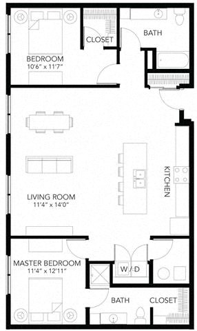 Floor plan for 2 beds, 2 baths, 1264 sqft