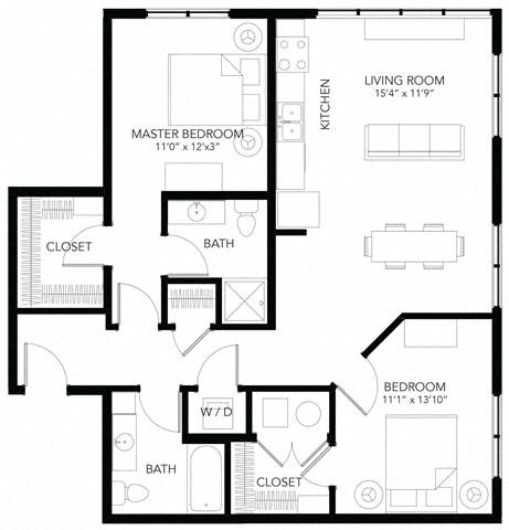 Floor plan for 2 beds, 2 baths, 993 sqft