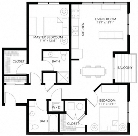 Floor plan for 2 beds, 2 baths, 998 sqft