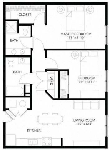 Floor plan for 2 beds, 2 baths, 1017 sqft