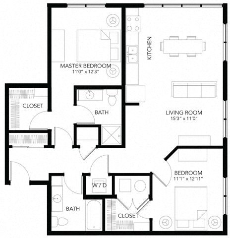 Floor plan for 2 beds, 2 baths, 1039 sqft