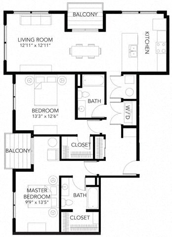 Floor plan for 2 beds, 2 baths, 1241 sqft