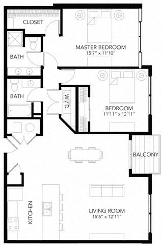 Floor plan for 2 beds, 2 baths, 1293 sqft