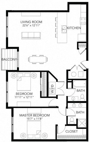 Floor plan for 2 beds, 2 baths, 1309 sqft