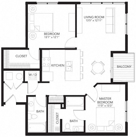 Floor plan for 2 beds, 2 baths, 1011 sqft