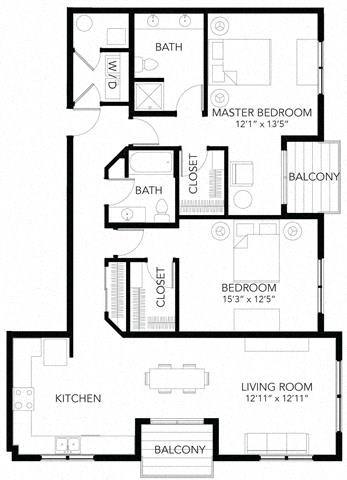 Floor plan for 2 beds, 2 baths, 1338 sqft