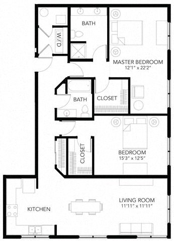 Floor plan for 2 beds, 2 baths, 1352 sqft