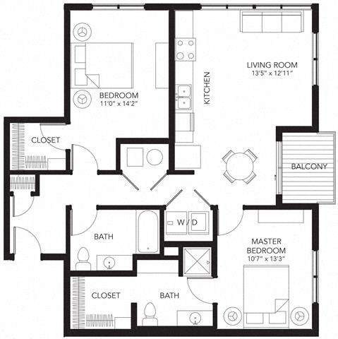 Floor plan for 2 beds, 2 baths, 1012 sqft