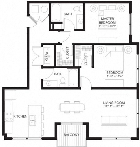 Floor plan for 2 beds, 2 baths, 1020 sqft