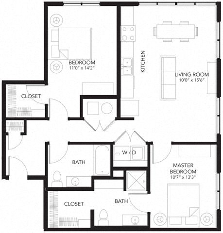 Floor plan for 2 beds, 2 baths, 1047 sqft