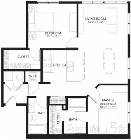 Floor plan for 2 beds, 2 baths, 1047 sqft