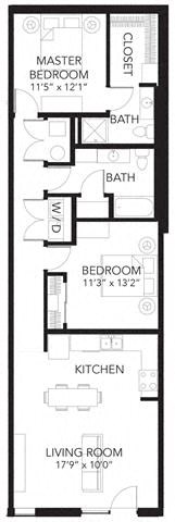Floor plan for 2 beds, 2 baths, 1049 sqft