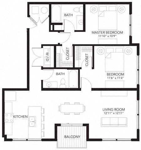 Floor plan for 2 beds, 2 baths, 1066 sqft