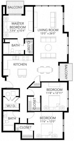 Floor plan for 3 beds, 2 baths, 1512 sqft