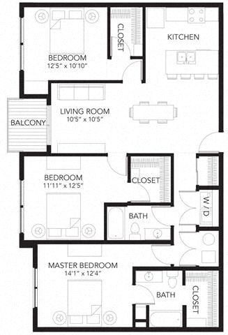Floor plan for 3 beds, 2 baths, 1302 sqft
