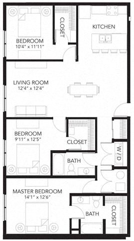 Floor plan for 3 beds, 2 baths, 1349 sqft