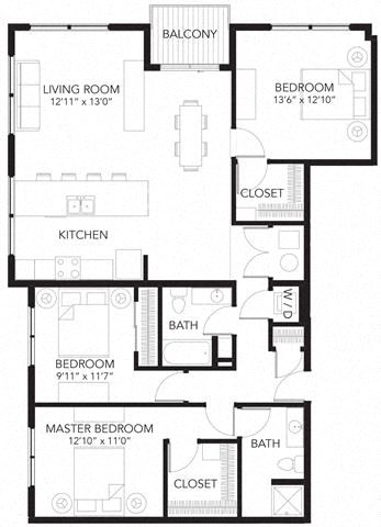 Floor plan for 3 beds, 2 baths, 1400 sqft