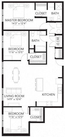 Floor plan for 3 beds, 2 baths, 1430 sqft