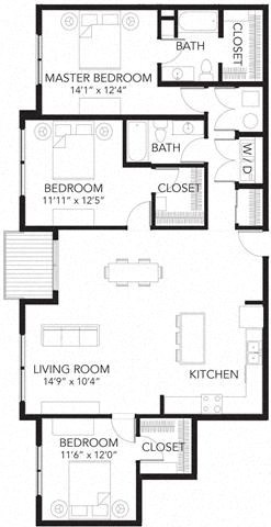 Floor plan for 3 beds, 2 baths, 1493 sqft