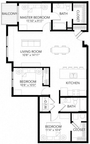 Floor plan for 3 beds, 2 baths, 1203 sqft
