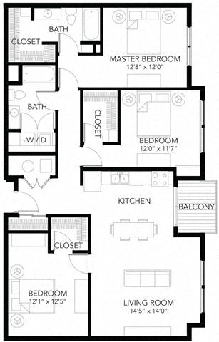 Floor plan for 3 beds, 2 baths, 1351 sqft