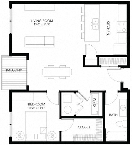 Floor plan for 1 bed, 1 bath, 813 sqft