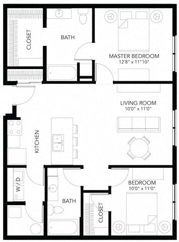 Floor plan for 2 beds, 2 baths, 979 sqft