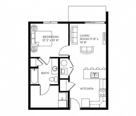 Floor plan for 1 bed, 1 bath, 684 sqft