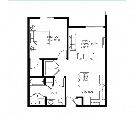 Floor plan for 1 bed, 1 bath, 725 sqft