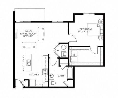 Floor plan for 1 bed, 1 bath, 893 sqft