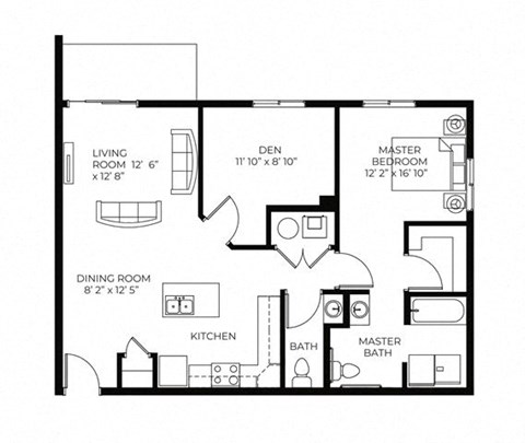 Floor plan for 1 bed, 1 bath, 895 sqft