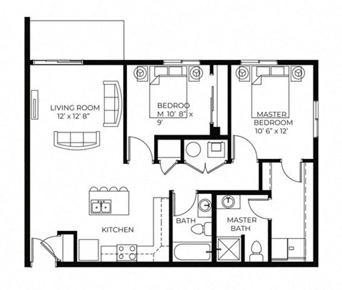 Floor plan for 2 beds, 2 baths, 895 sqft