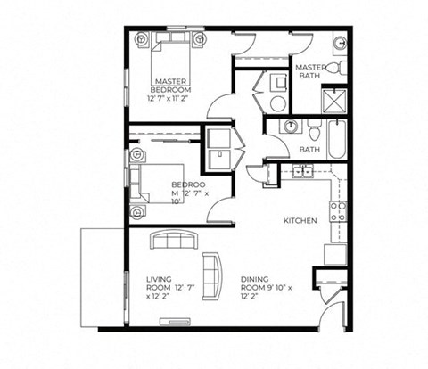 Floor plan for 2 beds, 2 baths, 953 sqft