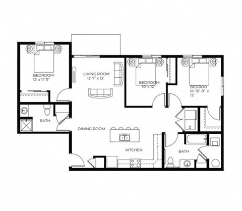 Floor plan for 3 beds, 2 baths, 1212 sqft